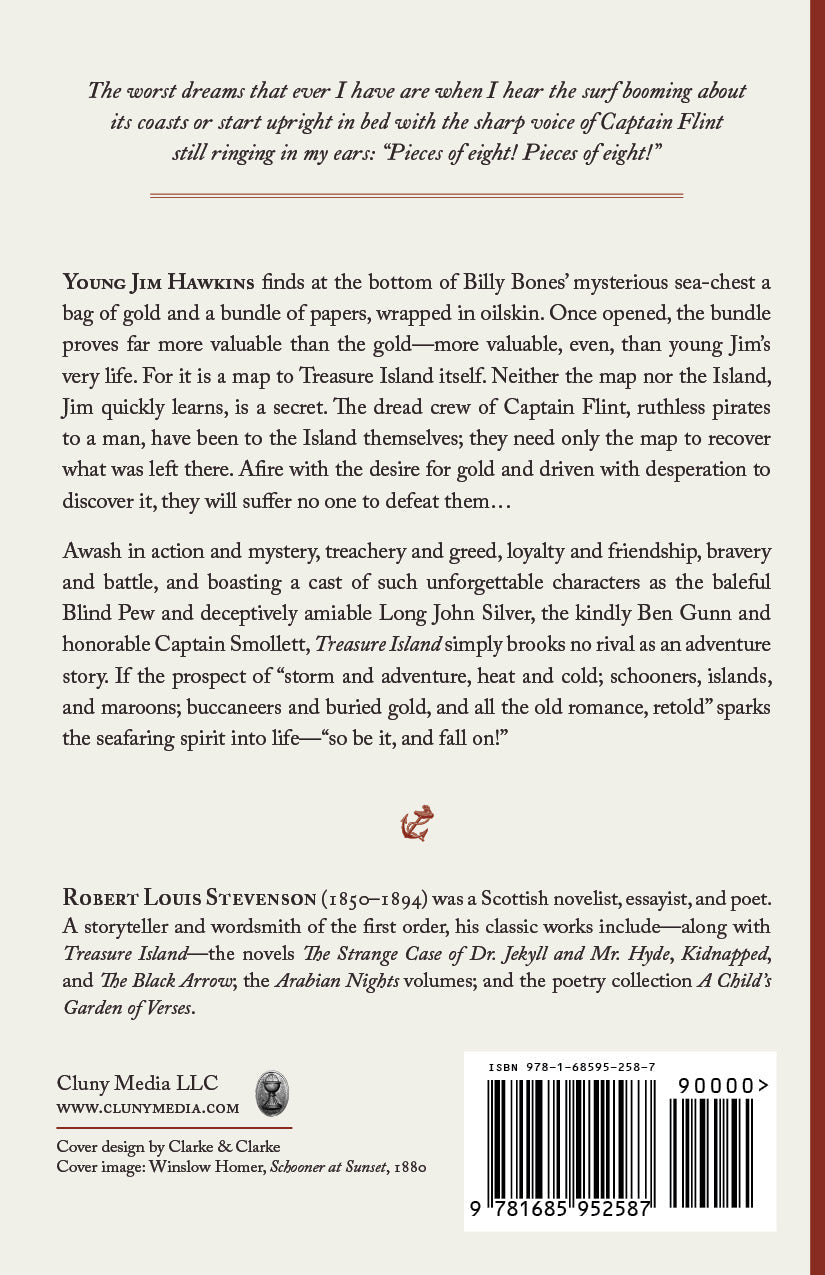 Treasure Island book back cover with author biography and barcode