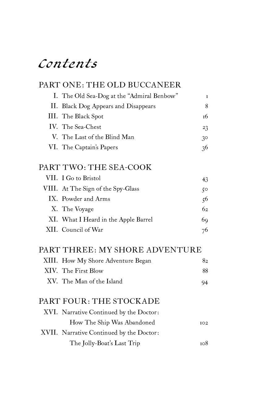 Treasure Island table of contents page listing chapters and parts