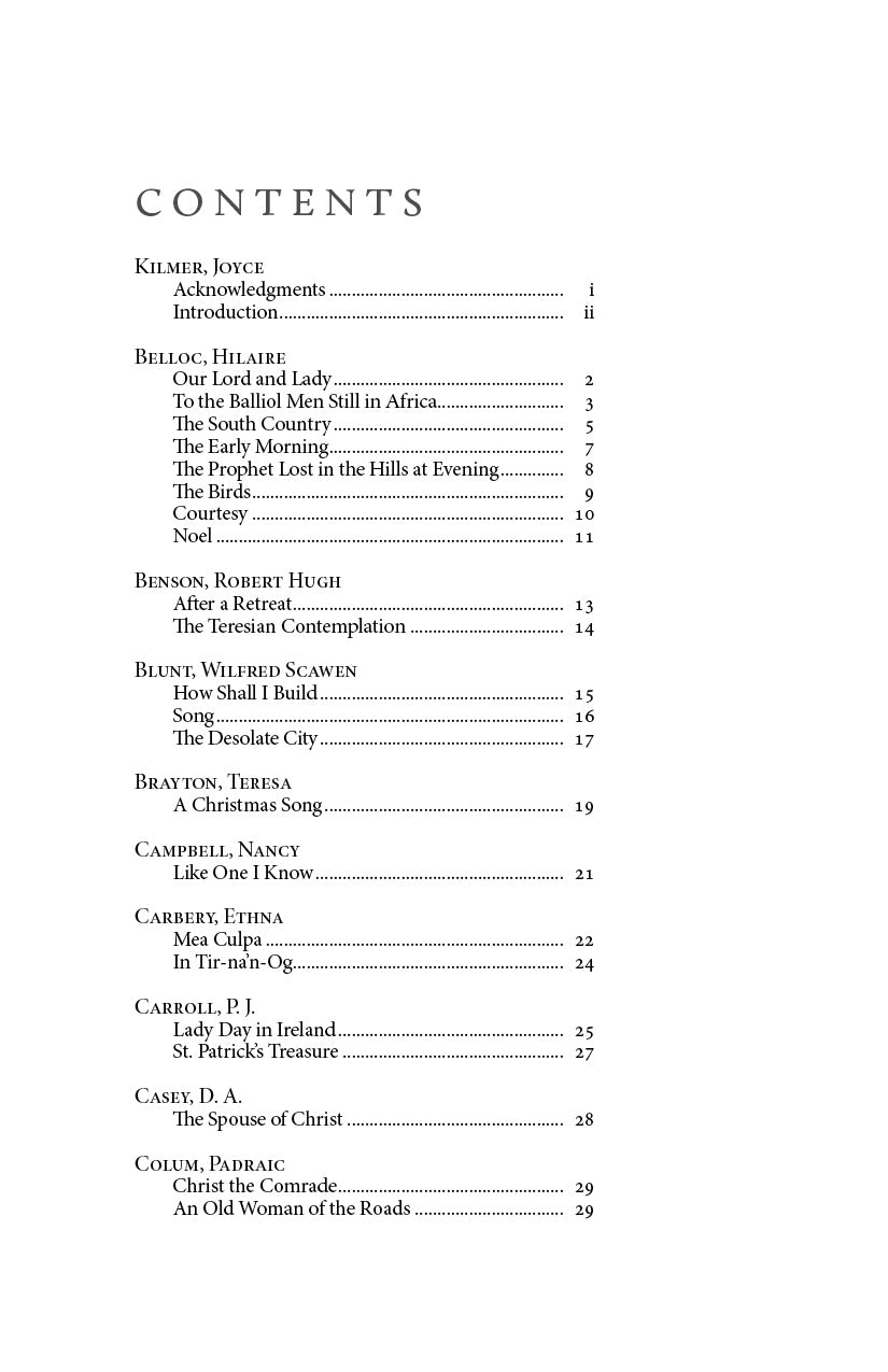 Book contents page listing authors and poem titles with page numbers, starting with Kilmer