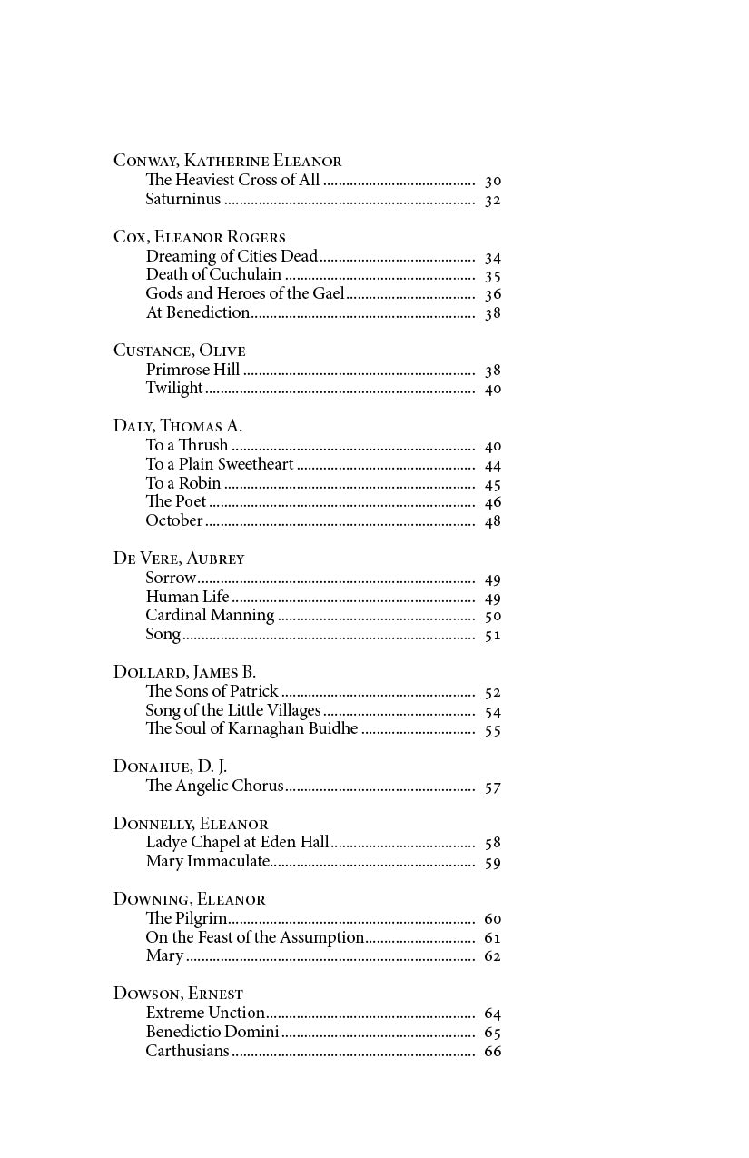 Book contents page listing authors and poem titles with page numbers, starting with Catherine Fleenor