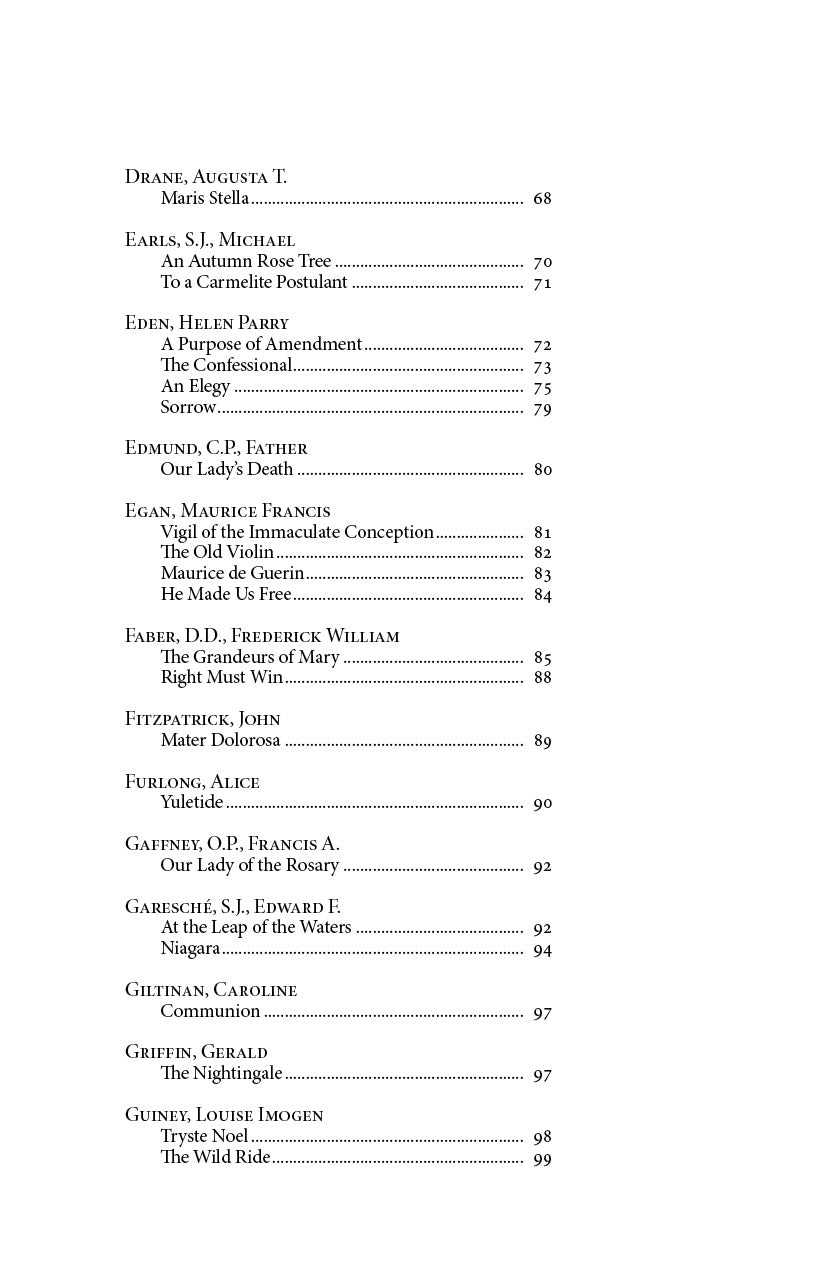 Book contents page listing authors and poem titles with page numbers, starting with Augusta T. Mann