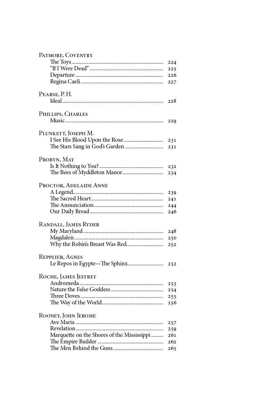 Book contents page listing authors and poem titles with page numbers, starting with Patmore