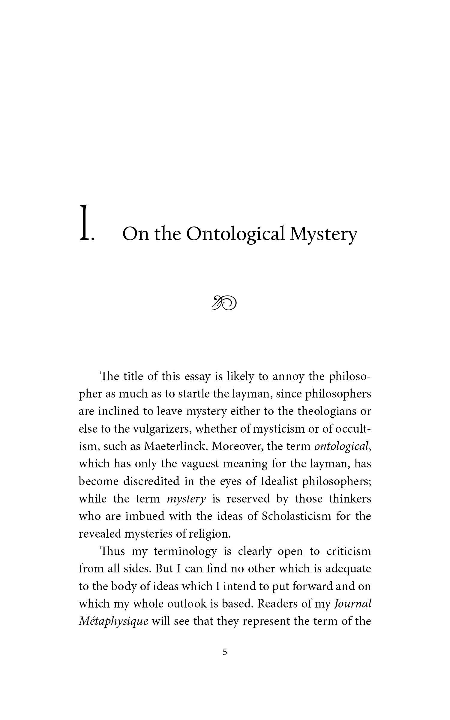 Book page titled "On the Ontological Mystery" with printed essay text