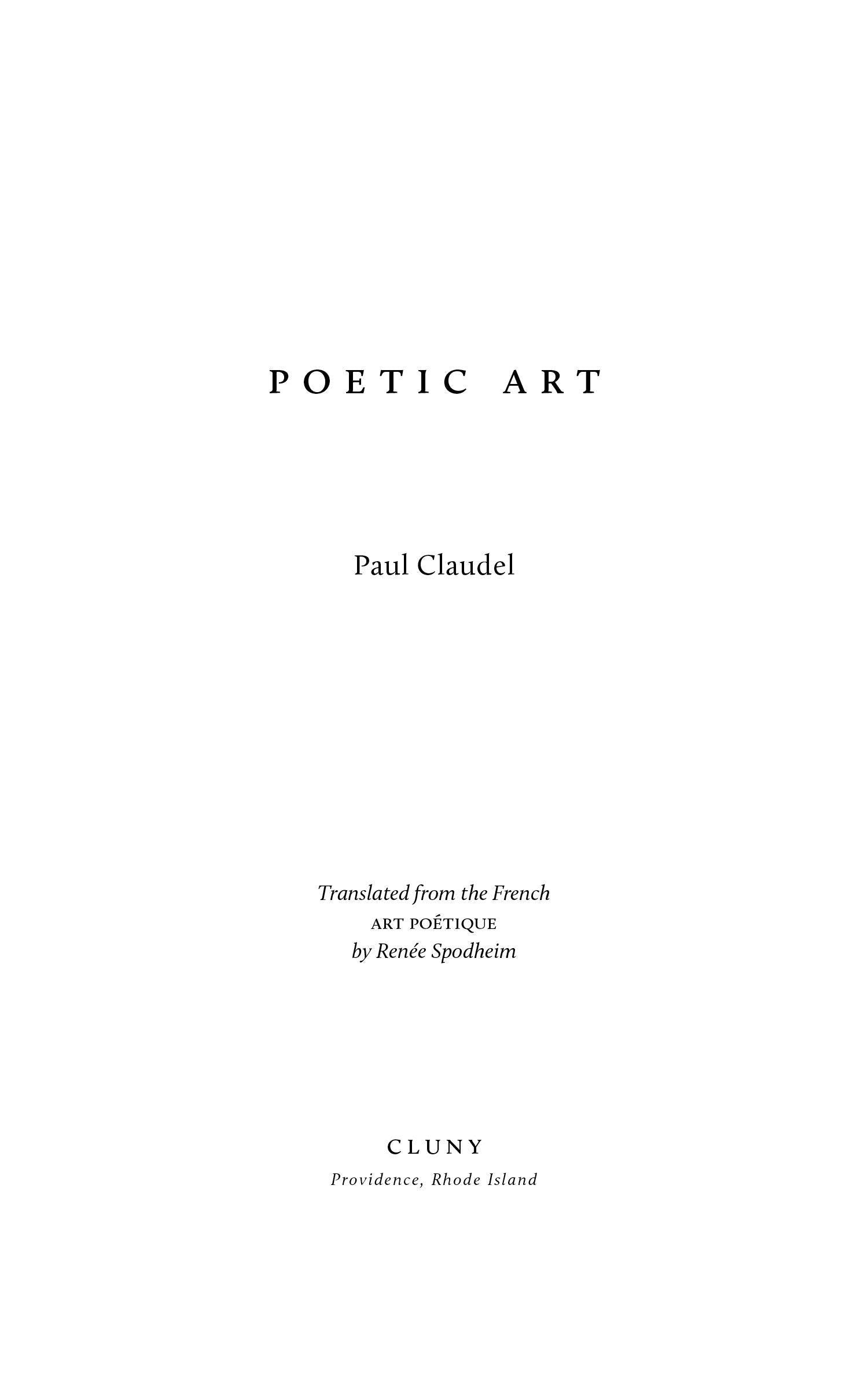 Book title page with POETIC ART, Paul Claudel, translation credit, and CLUNY publisher.