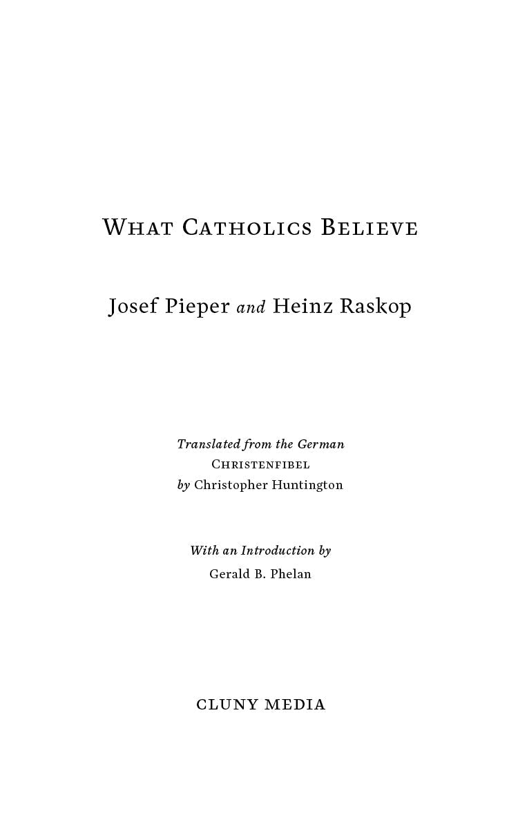 Religious book title page with 'What Catholics Believe' and author names Josef Pieper, Heinz Raskop