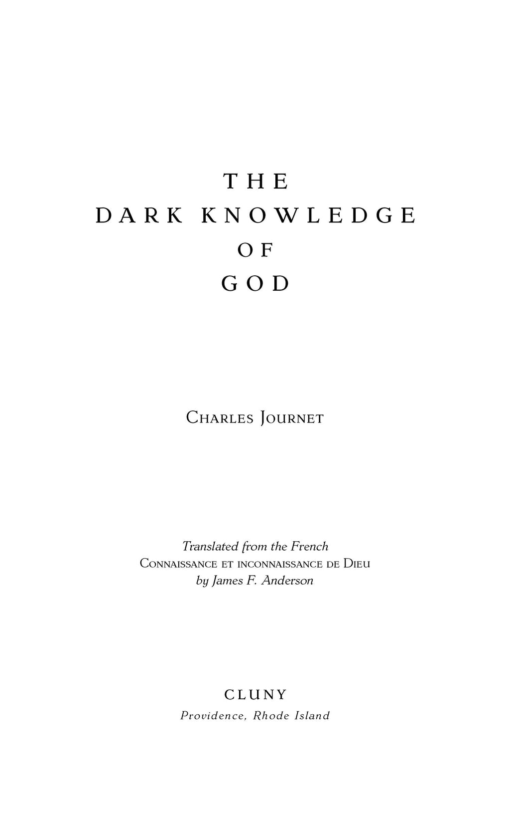 Book title page with centered 'The Dark Knowledge of God' and author text