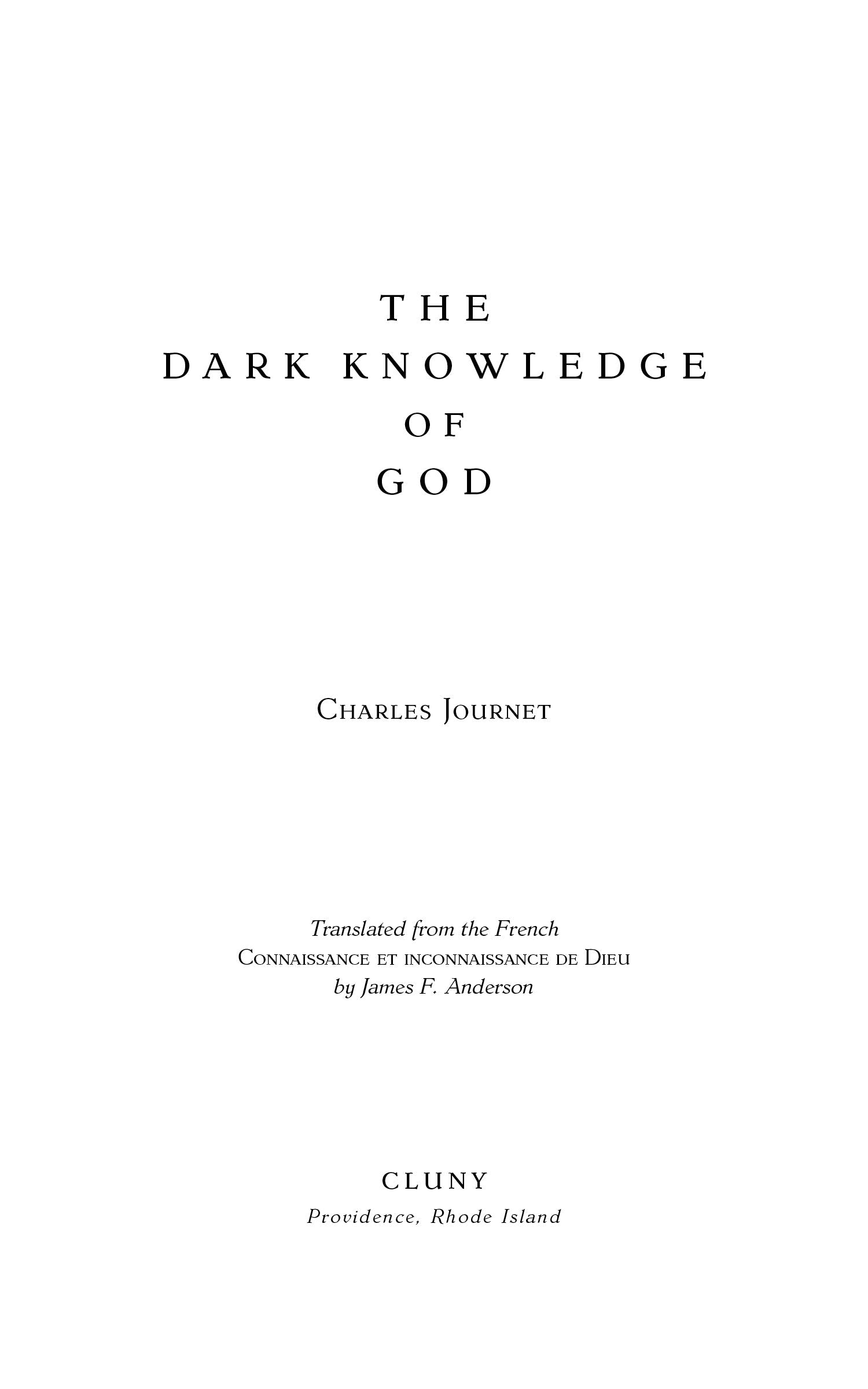 Book title page with centered 'The Dark Knowledge of God' and author text