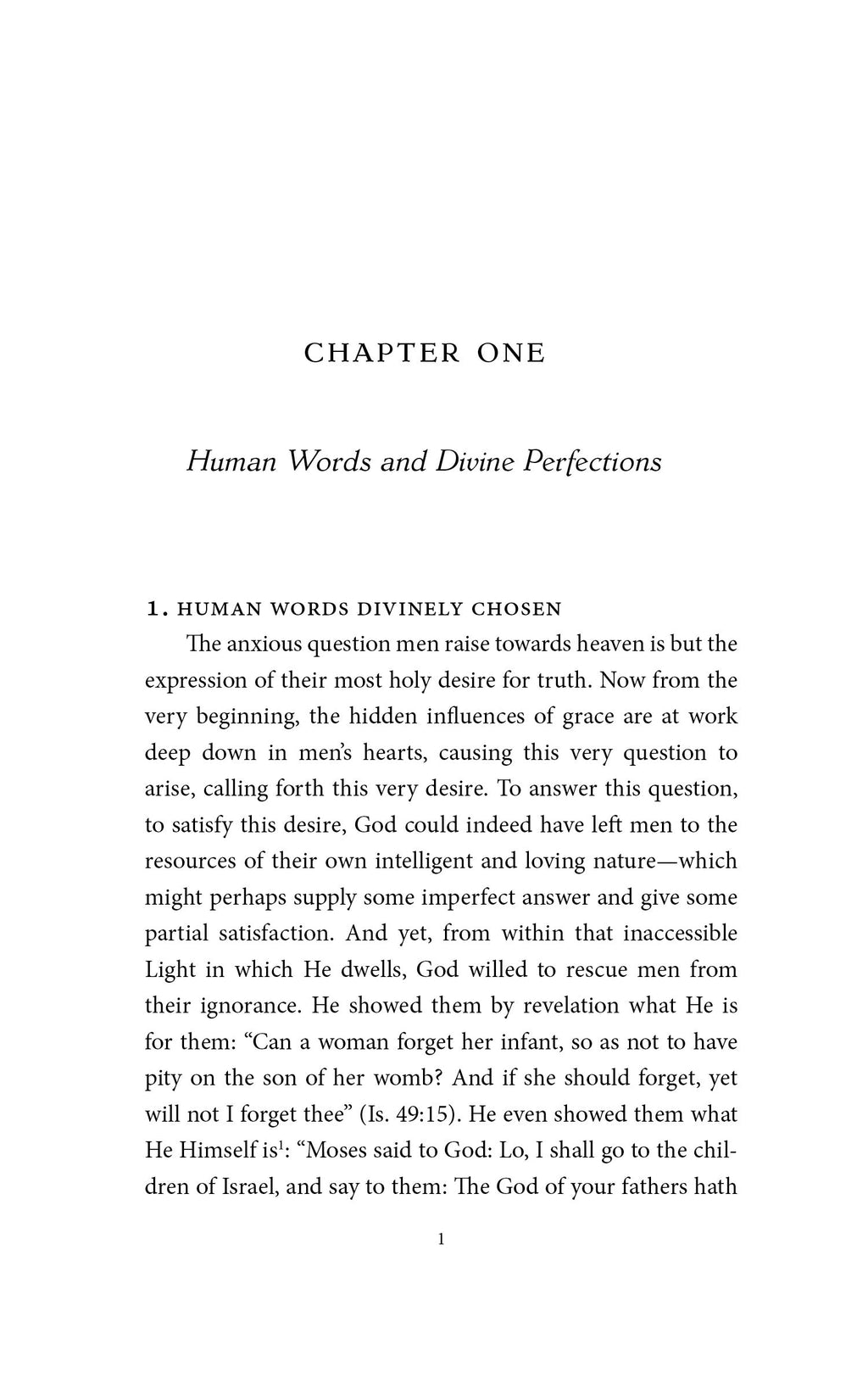 Interior book page showing 'CHAPTER ONE' and 'Human Words and Divine Perfections'