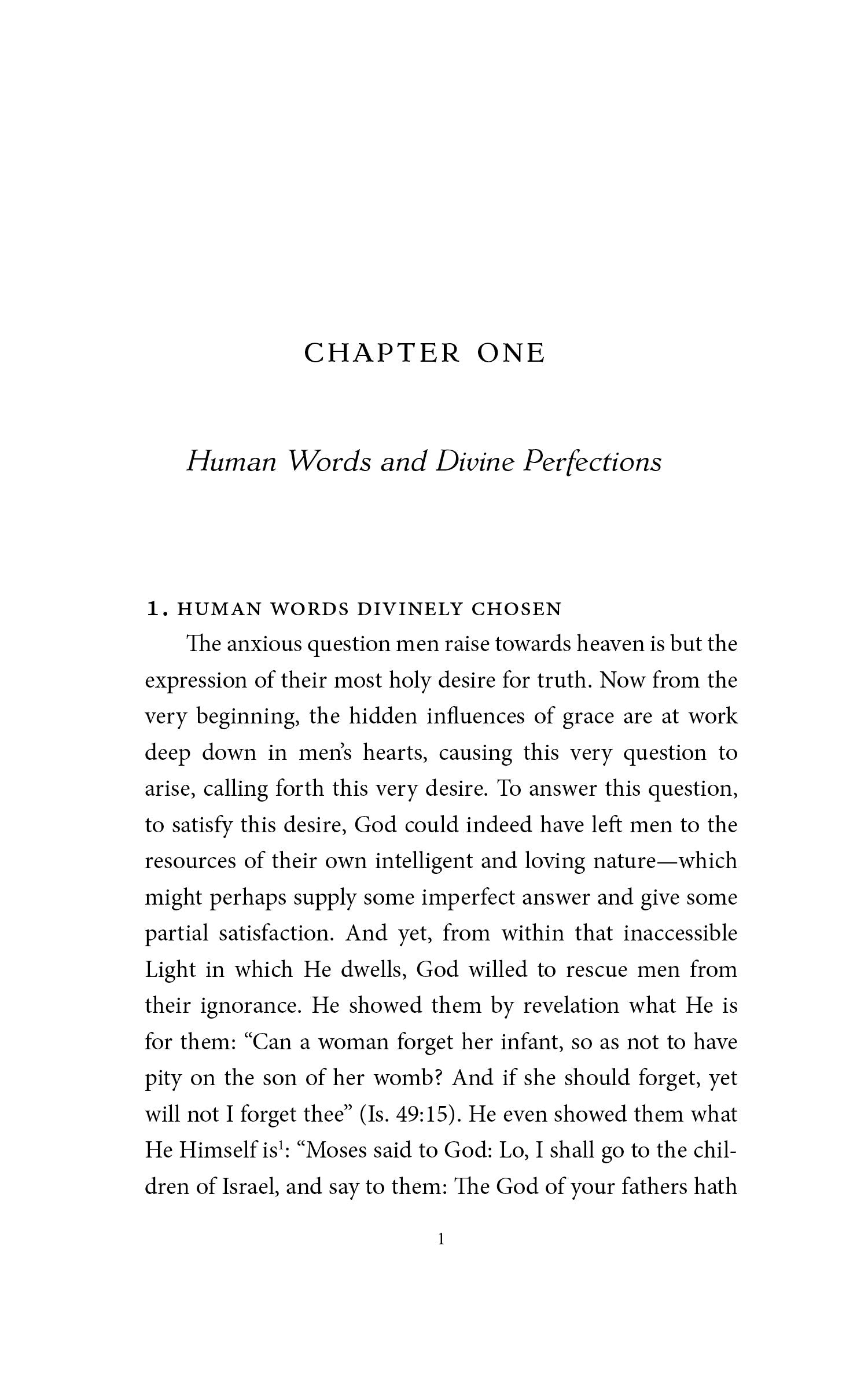Interior book page showing 'CHAPTER ONE' and 'Human Words and Divine Perfections'
