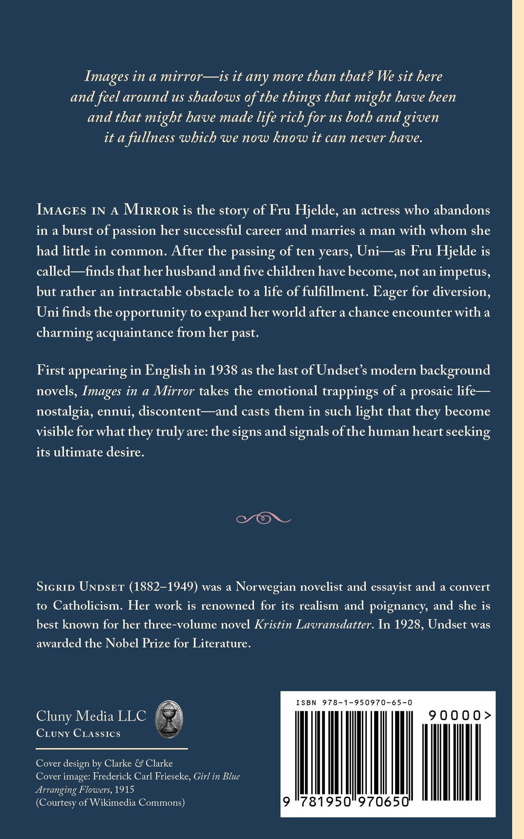 Novel book back cover with blue panel, author blurb text, and barcode