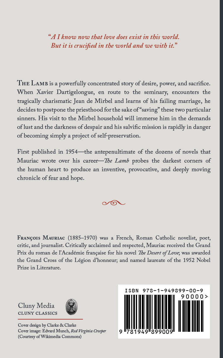 Book back cover for The Lamb by Francois Mauriac, with publisher info and barcode.