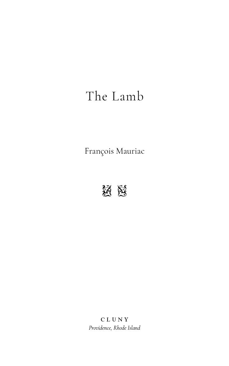 Book title page for The Lamb by Francois Mauriac, with publisher Cluny and location.