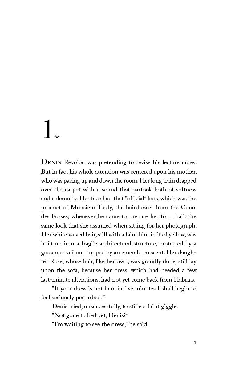 Paperback novel interior page with chapter heading, paragraphs, and page number 1