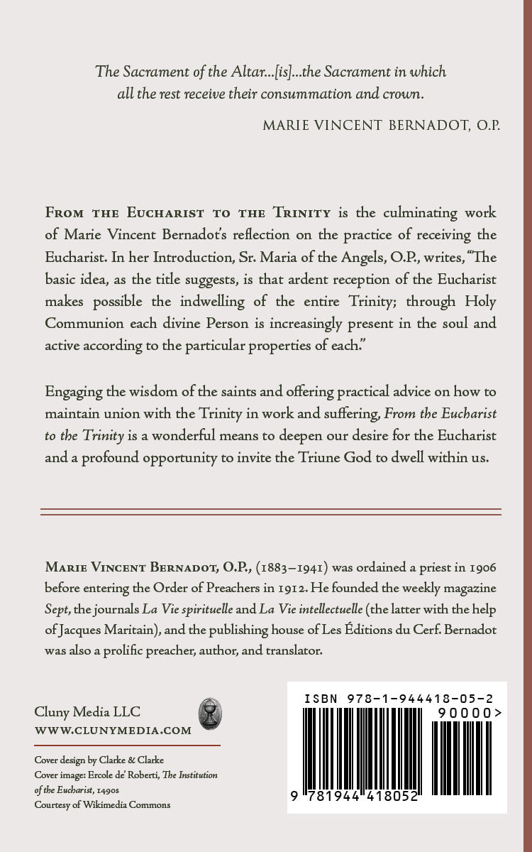 Religious book back cover with description text and barcode, From the Eucharist to the Trinity
