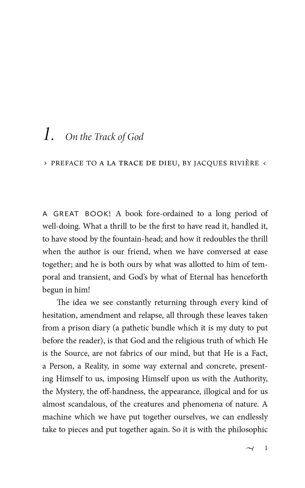 Printed book page with heading “On the Track of God” and paragraph text