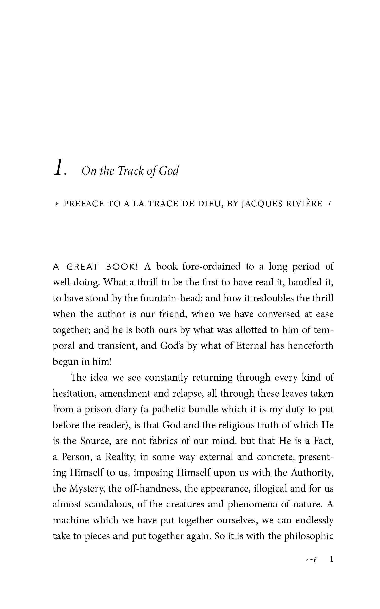 Printed book page with heading “On the Track of God” and paragraph text