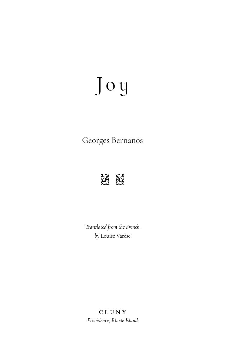 Book title page with centered 'Joy' text and author 'Georges Bernanos' on white