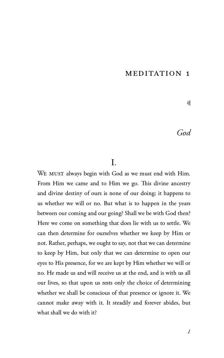 Book page labeled Meditation 1 with heading 'God' and opening paragraph