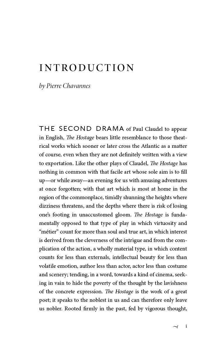 The Hostage introduction page by Pierre Chavannes, with printed essay text