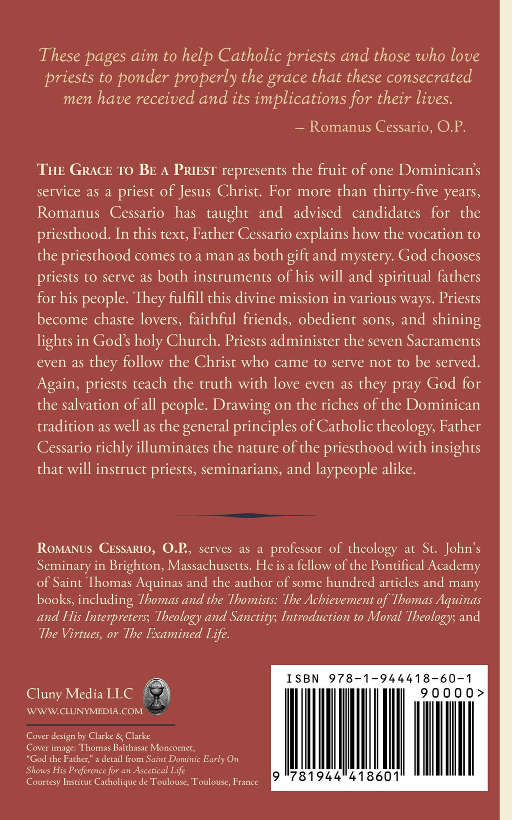 Book back cover with synopsis text, Romanus Cessario name, and barcode