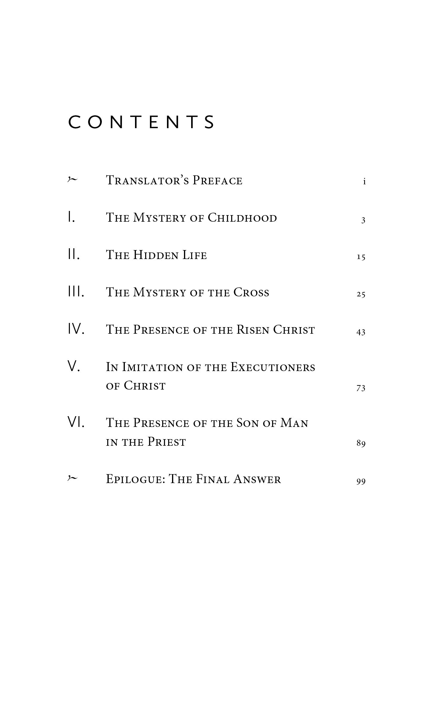 Table of contents page listing chapter titles I–VI and an epilogue with page numbers
