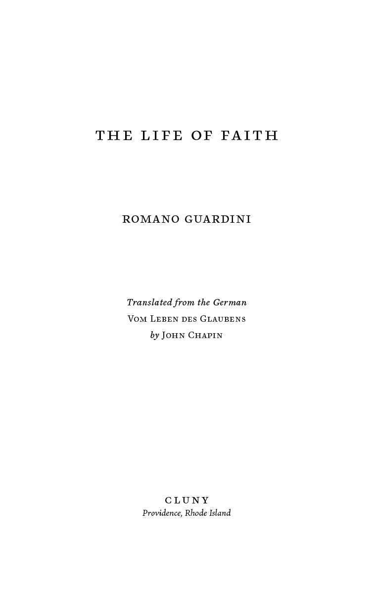 Book title page: "The Life of Faith" by Romano Guardini, translated by John Chapuis
