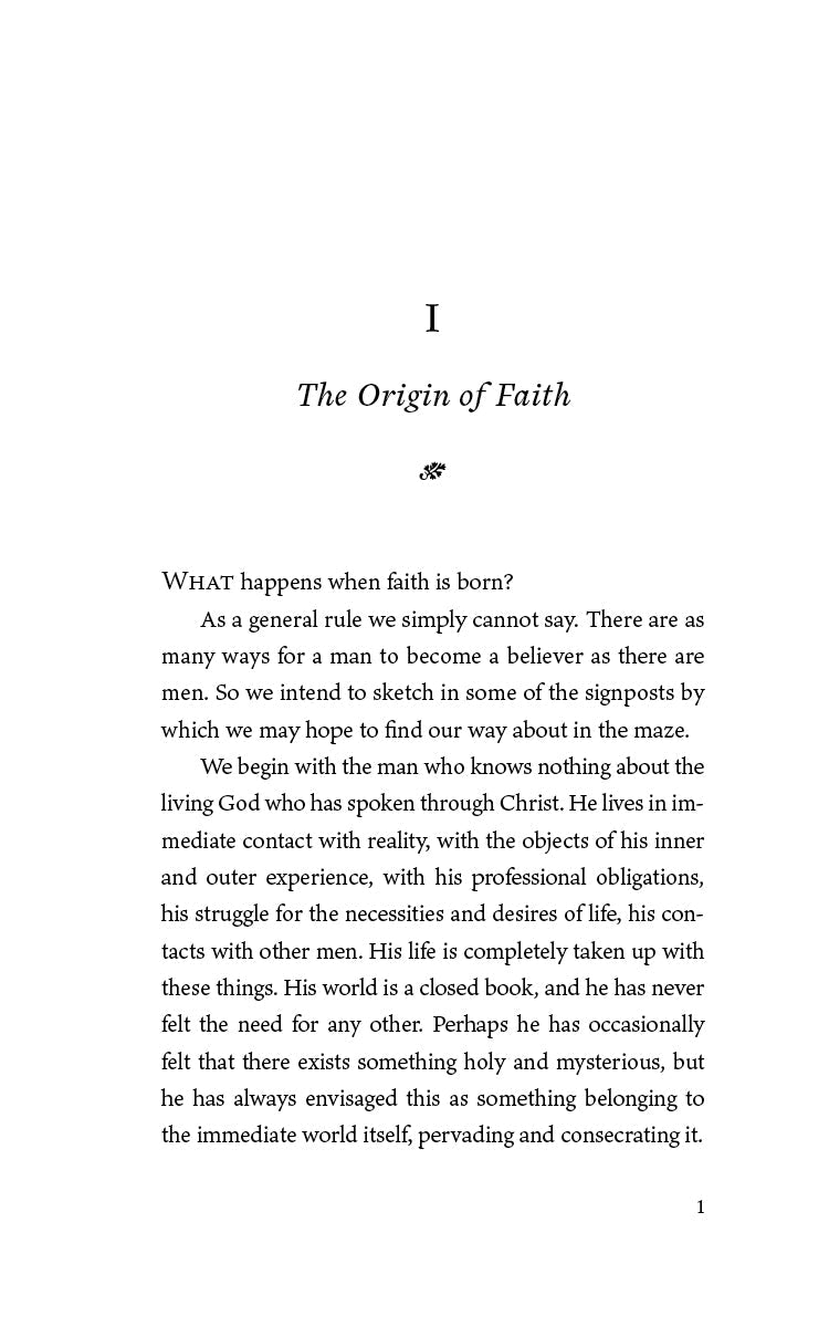 Faith book page titled "The Origin of Faith" with printed text