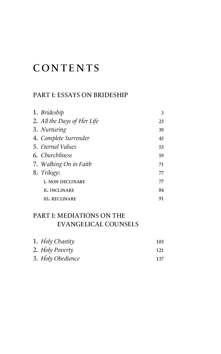 Devotional book contents page listing Part I essays on brideship and Part II mediations