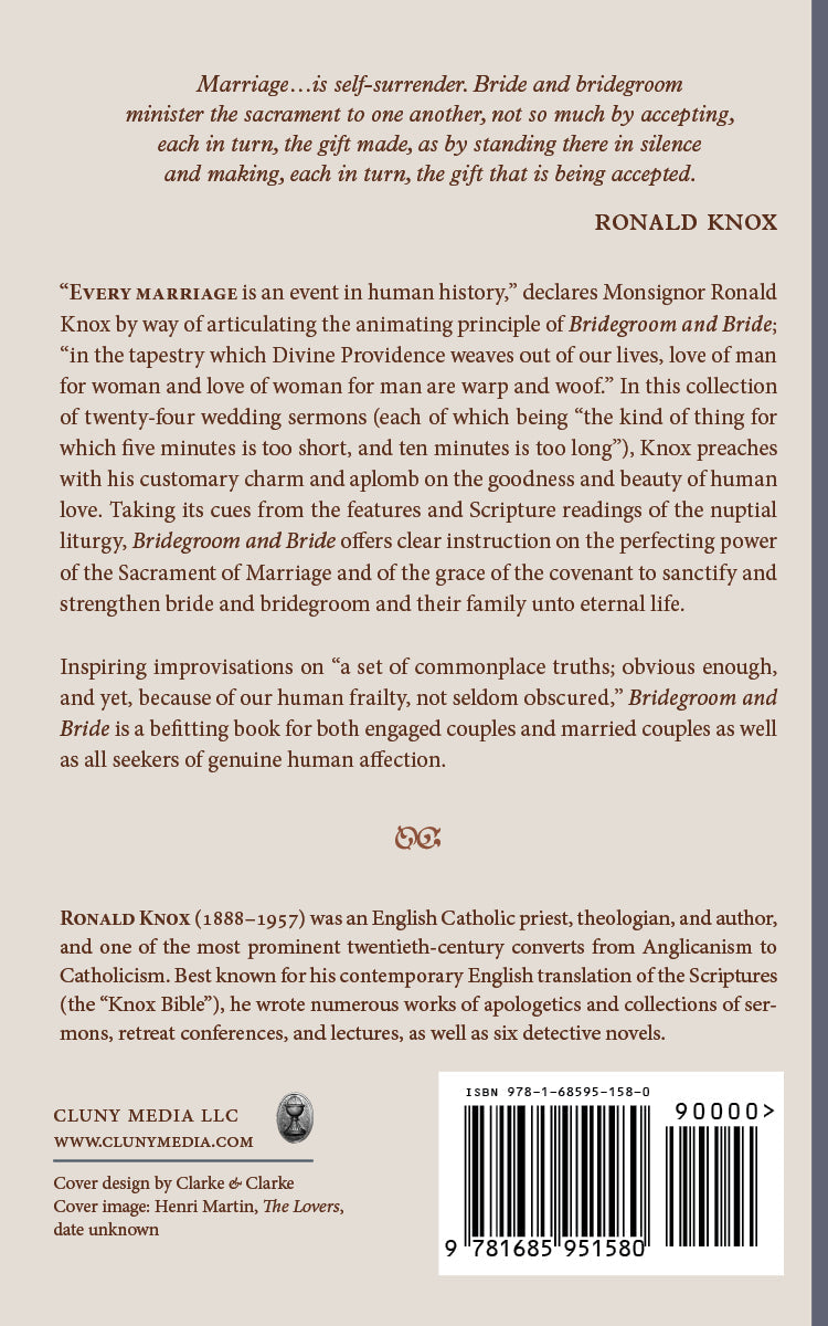 Bridegroom and Bride back cover with synopsis, Ronald Knox, barcode