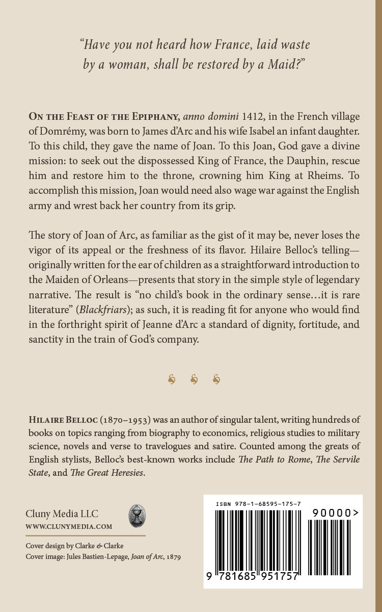 Joan of Arc book back cover with quote, summary text, and barcode.