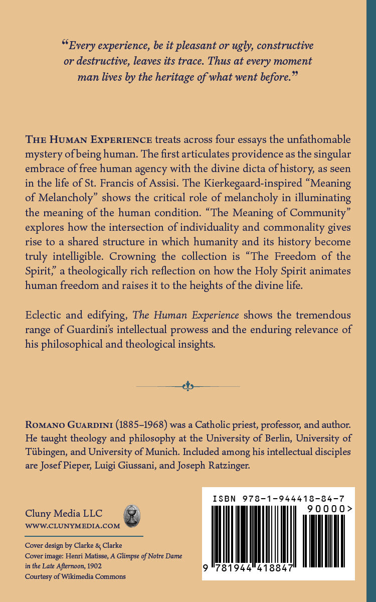 Book back cover with summary text, Romano Guardini, and ISBN barcode