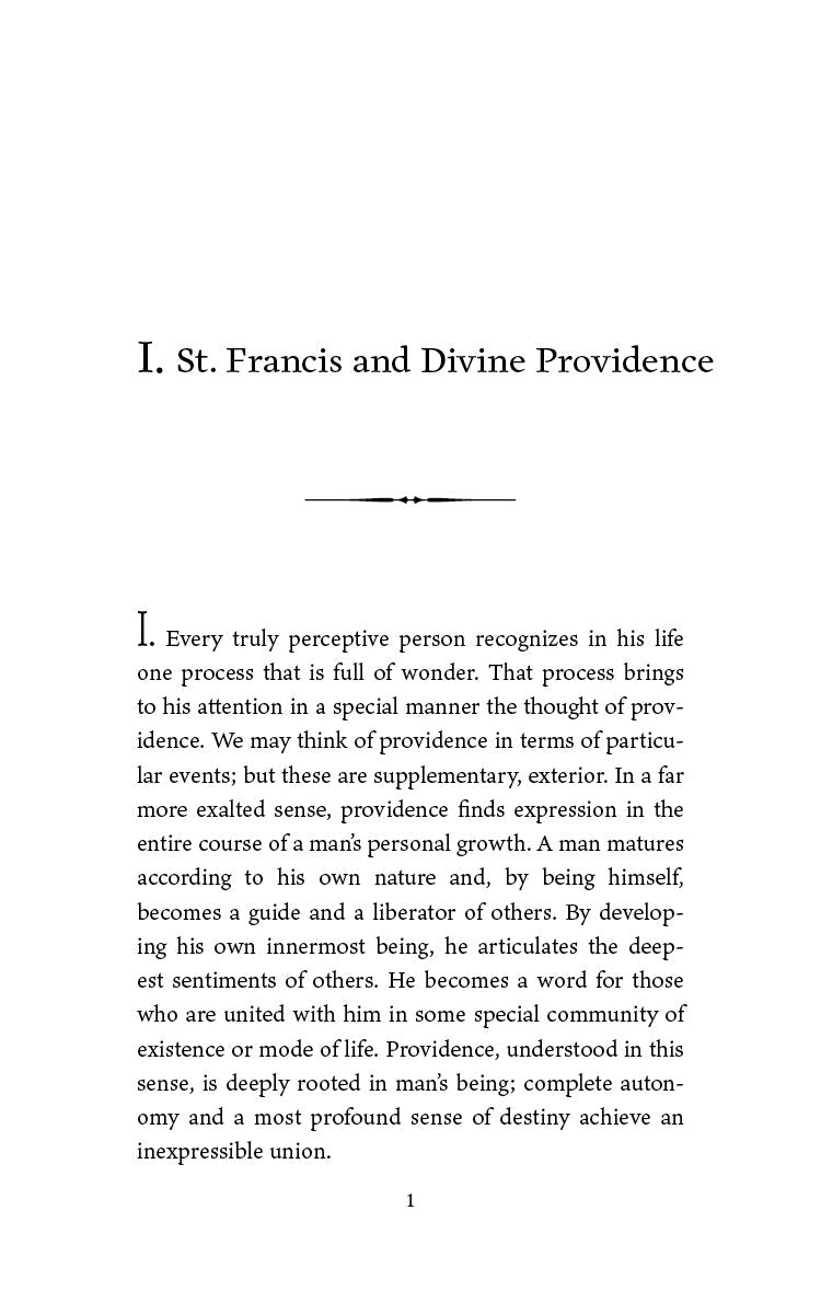 Book interior page headed "St. Francis and Divine Providence" with paragraph text