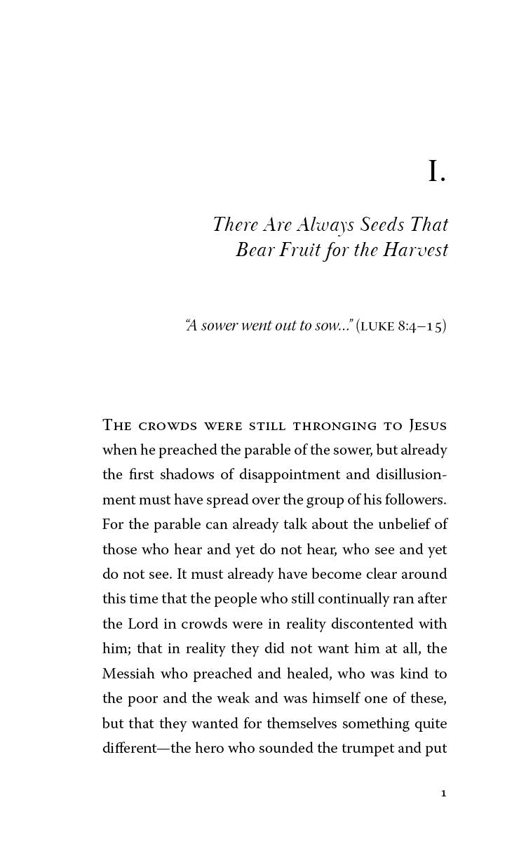 Book chapter page with heading about bearing fruit for the harvest, Luke 8:4–15