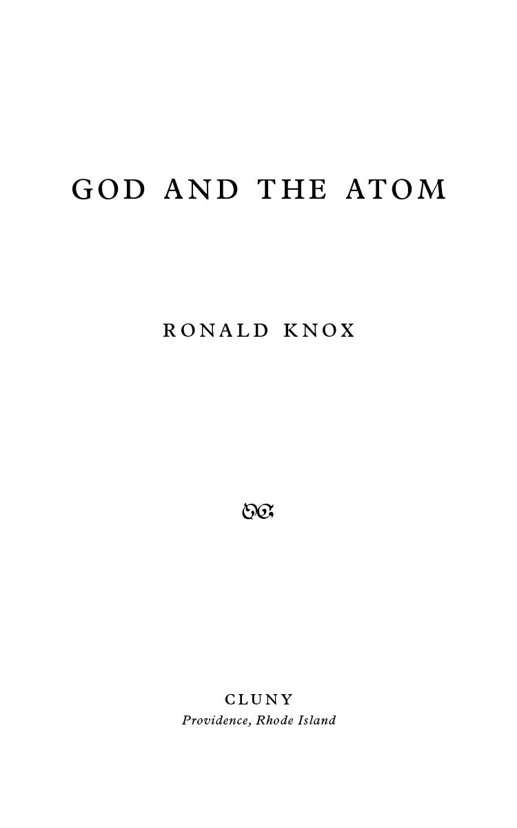 Book title page: God and the Atom by Ronald Knox, Cluny publisher mark