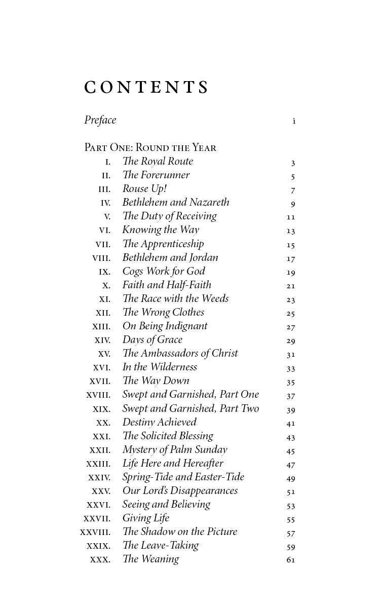Book contents page with numbered sections under the heading CONTENTS