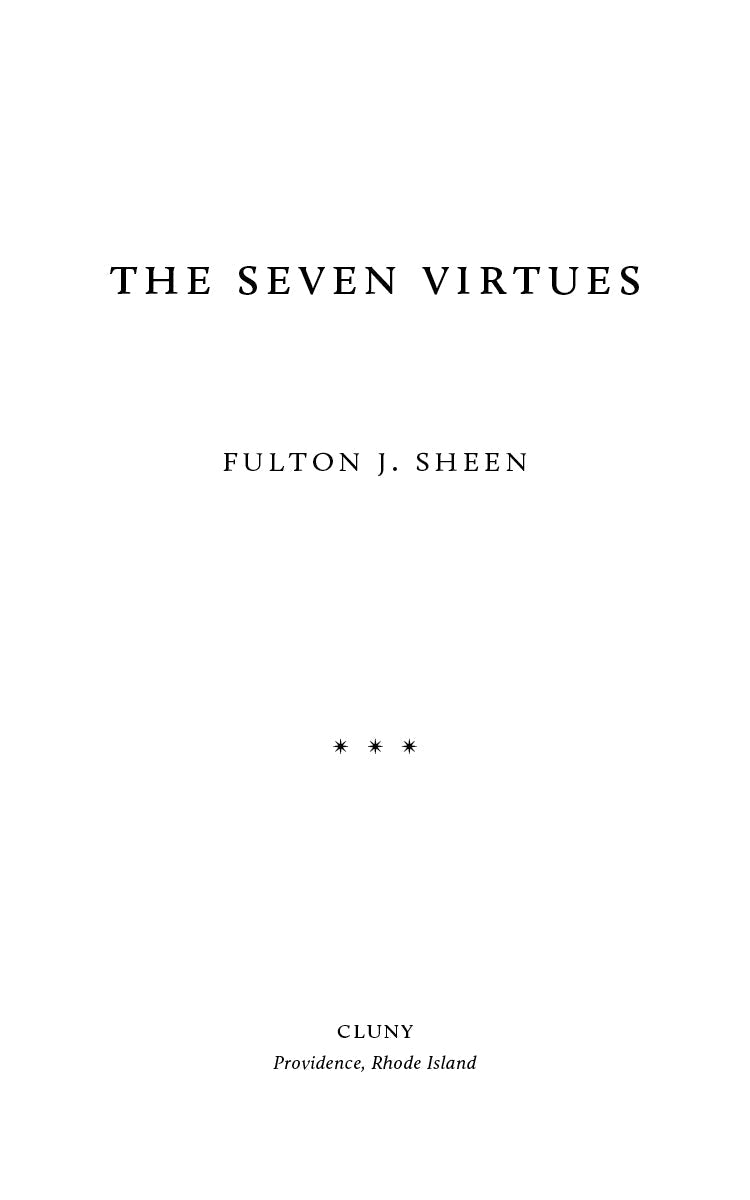 Book title page with centered text: THE SEVEN VIRTUES and author name.