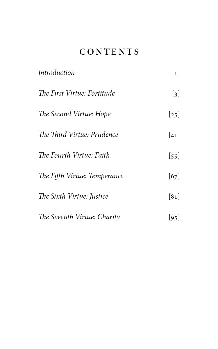 Contents page listing virtues: Fortitude, Hope, Prudence, Faith, Temperance, Justice, Charity.