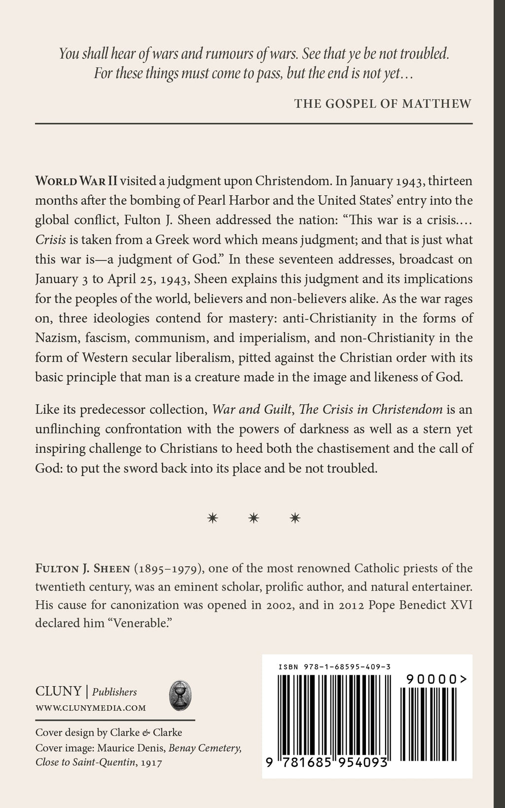 Hardcover book back cover with barcode, synopsis, and Fulton J. Sheen author bio