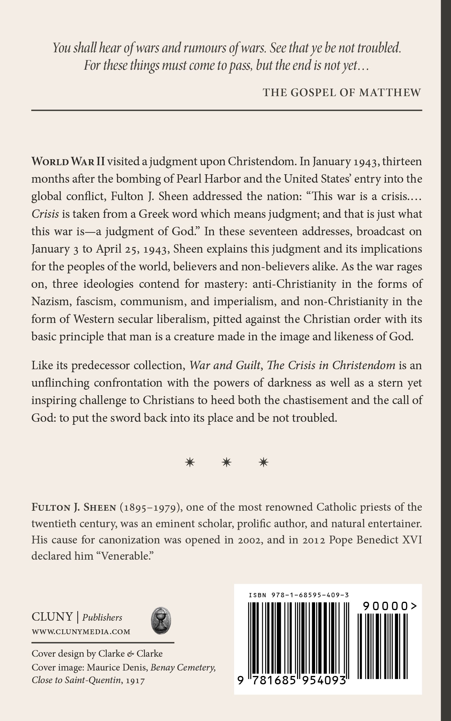 Hardcover book back cover with barcode, synopsis, and Fulton J. Sheen author bio