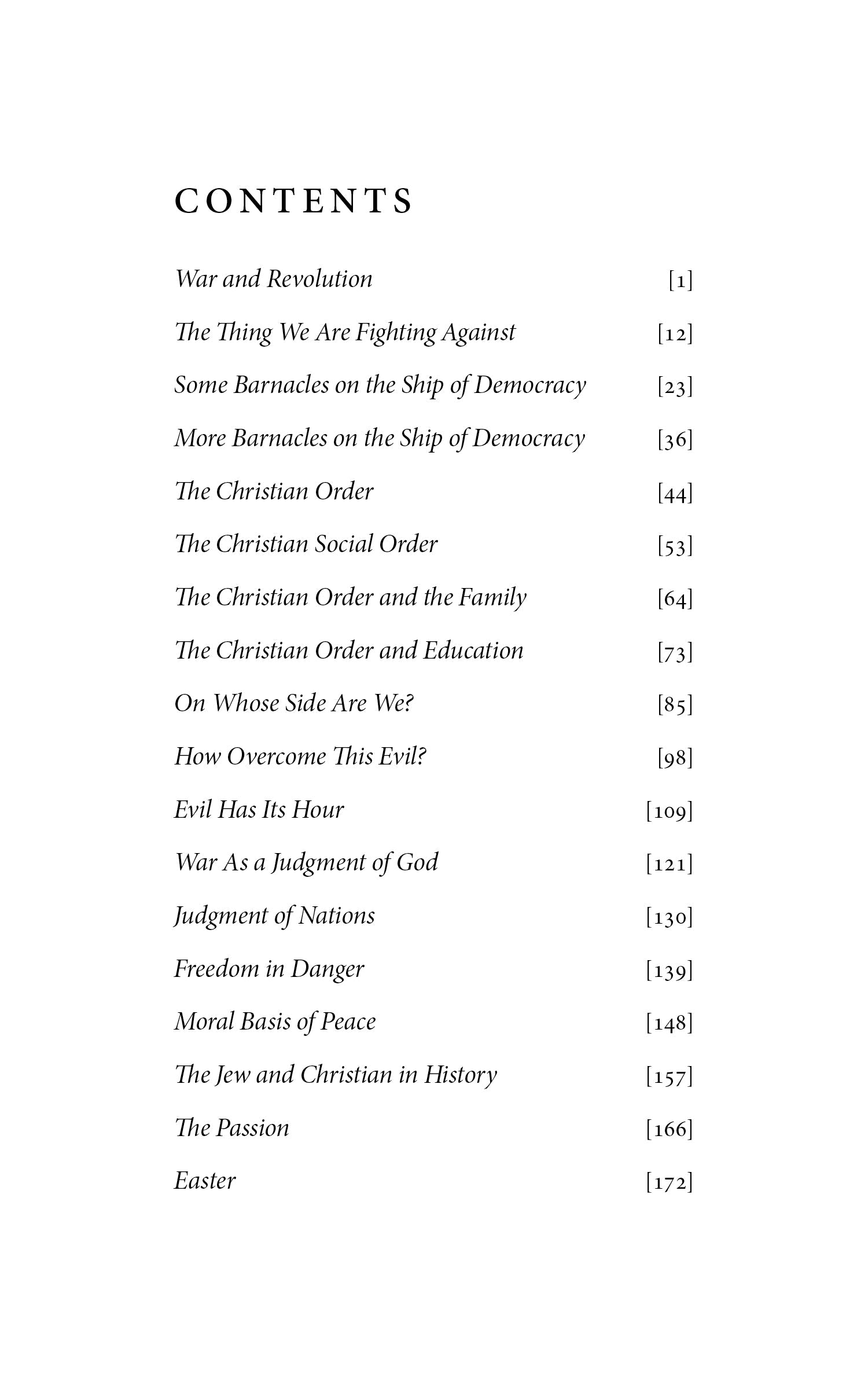 Book contents page listing chapters on war, revolution, peace, and Christian social order