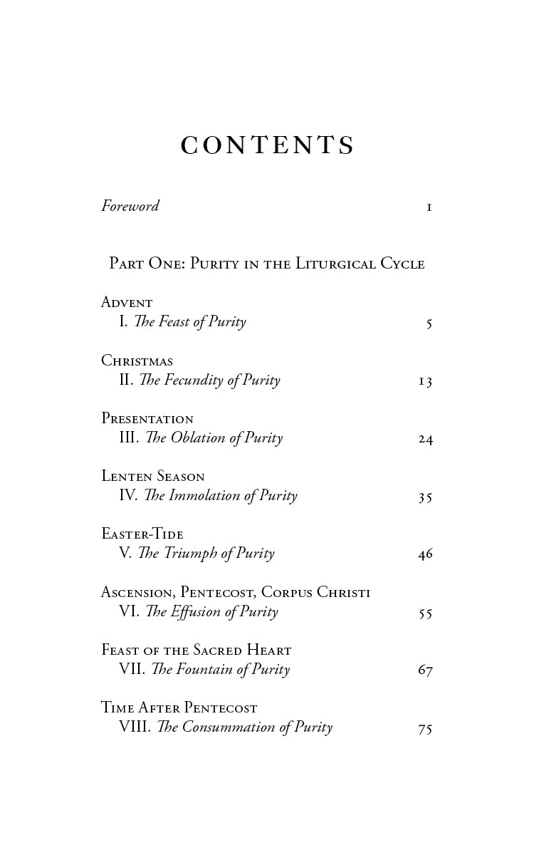 Book contents page with section headings, including purity in the liturgical cycle