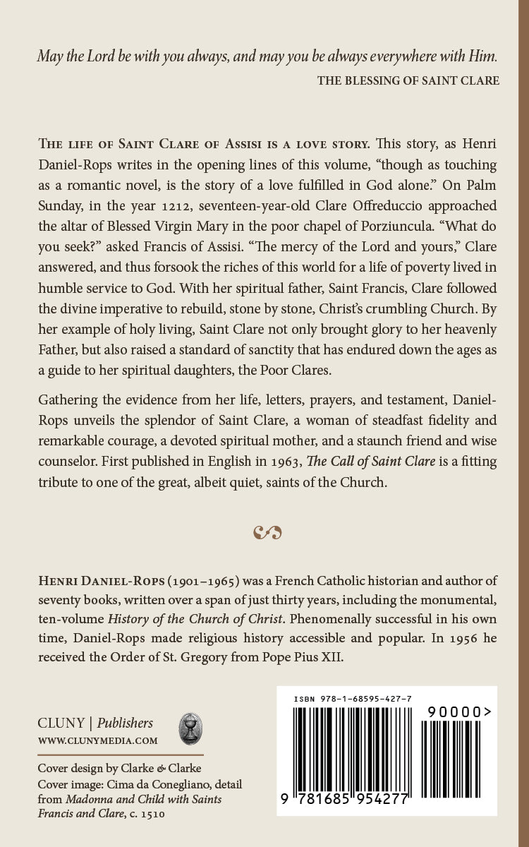 Saint Clare book back cover with summary text and barcode