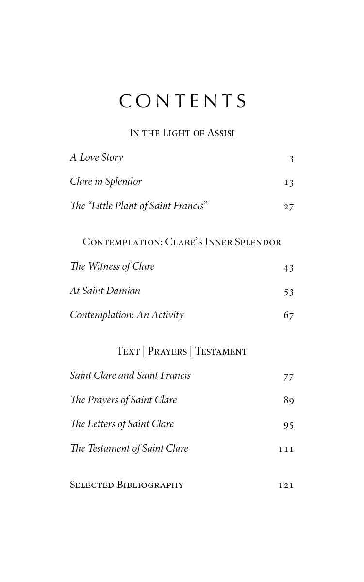 Saint Clare book contents page with chapter list and page numbers