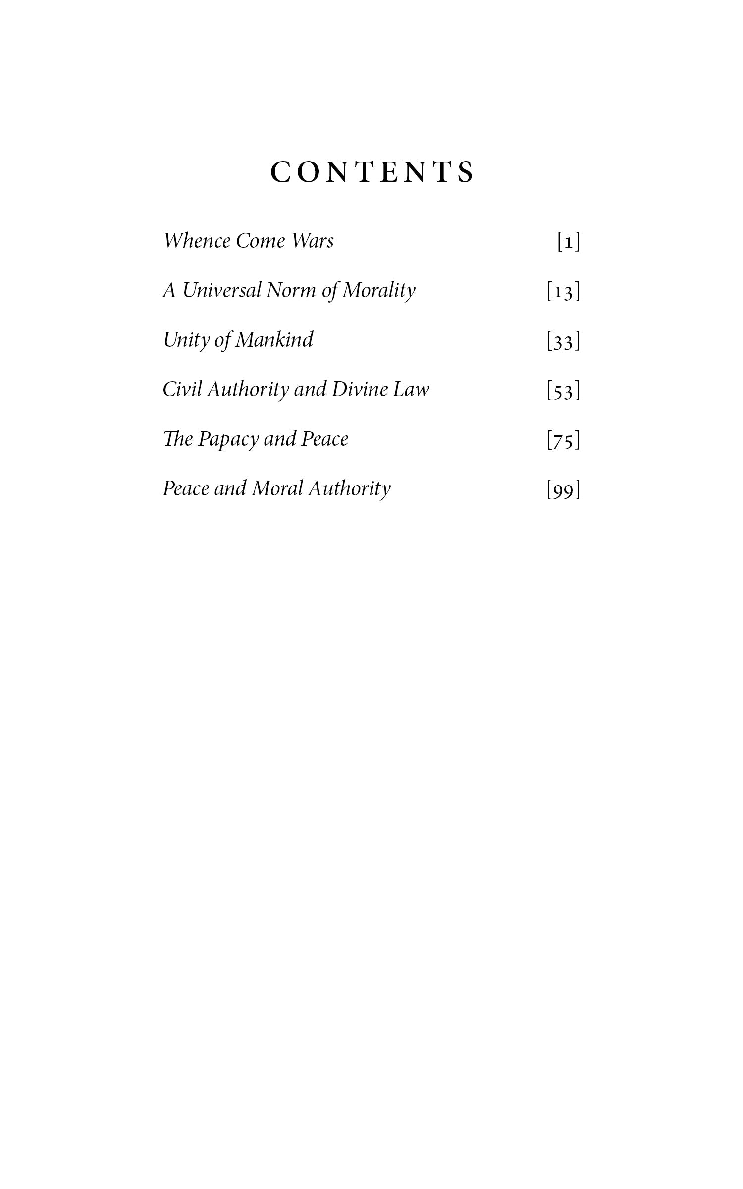 Book contents page listing chapters like Unity of Mankind, Civil Authority, Peace