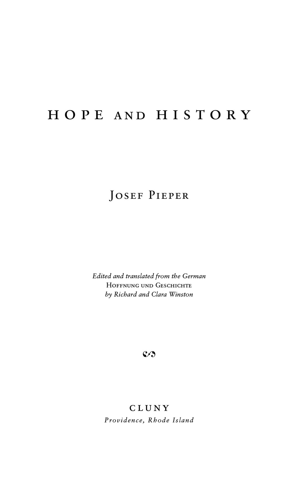 Hope and History book cover with title text, Josef Pieper name, and Cluny imprint
