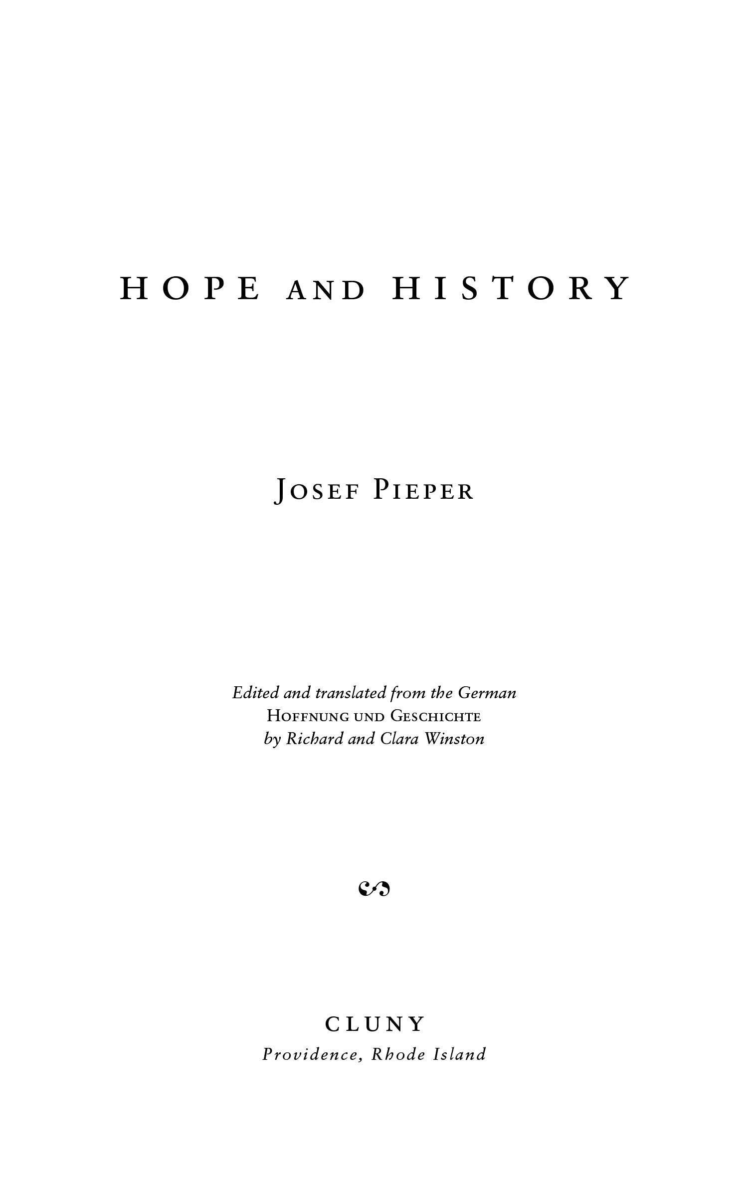 Hope and History book cover with title text, Josef Pieper name, and Cluny imprint