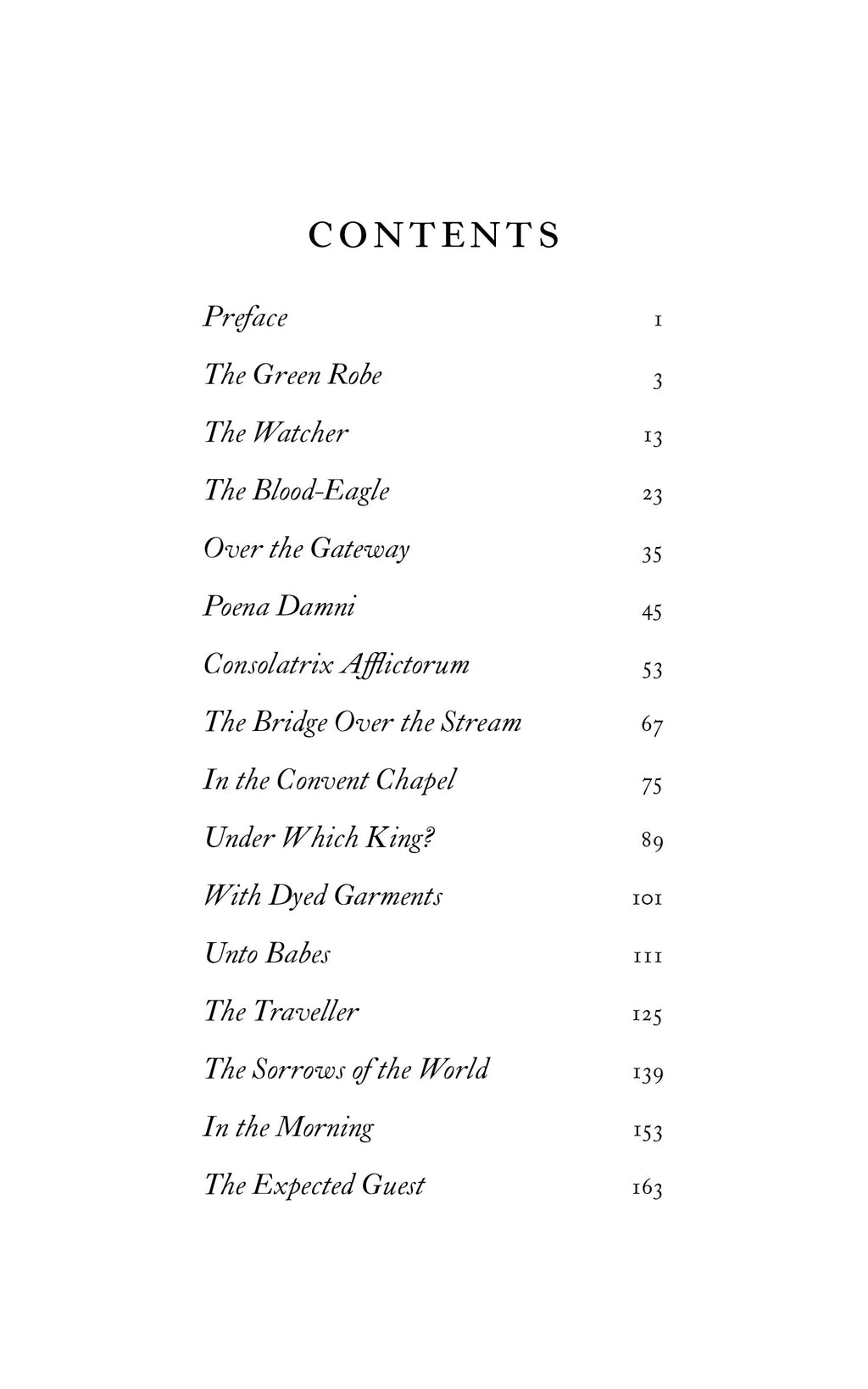Book contents page with chapter titles and page numbers