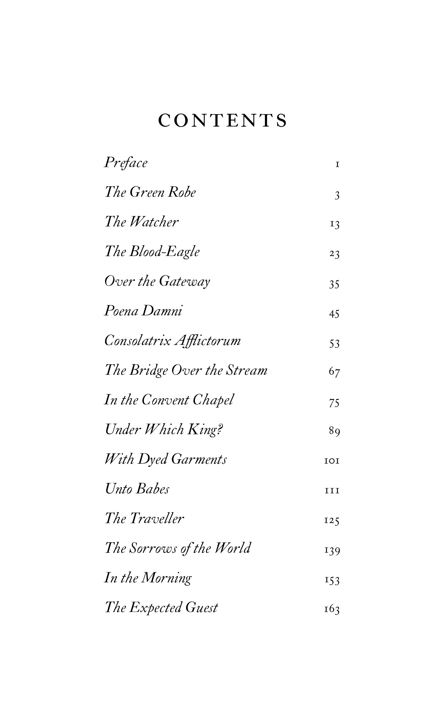 Book contents page with chapter titles and page numbers