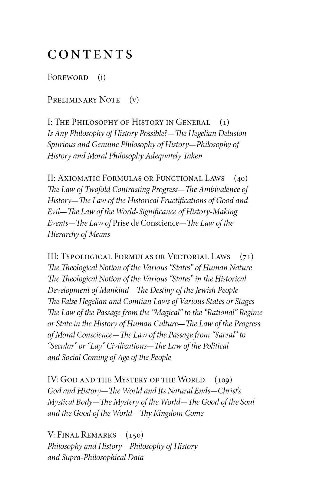 Book contents page with section headings and numbered chapters