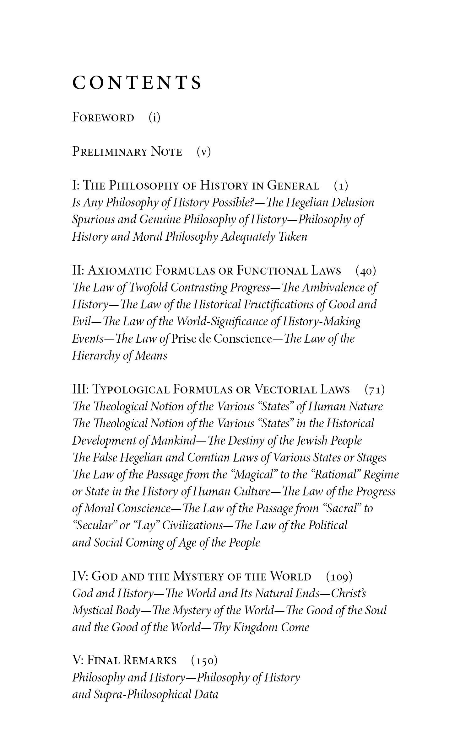 Book contents page with section headings and numbered chapters